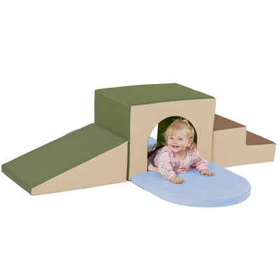 Factory Direct Partners 10408-ET SoftScape Single Tunnel Play Foam Climber Plus, Beginner Toddler Soft Structure for Active Playtime (5-Piece Set) - Earthtone