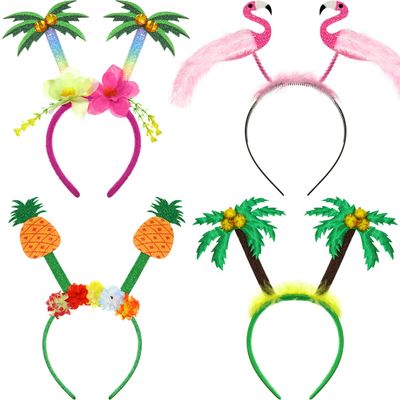 JOVITEC 4 Pcs Hawaiian Party Headband Felt Luau Head Boppers Palm Tree Flamingo Pineapple Hats for Tropical Themed Celebrations Summer Favors Supplies