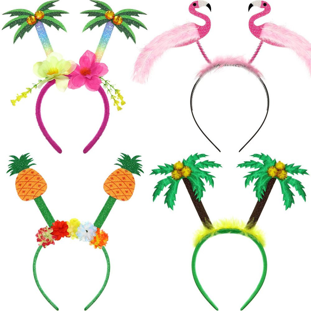 JOVITEC 4 Pcs Hawaiian Party Headband Felt Luau Head Boppers Palm Tree Flamingo Pineapple Hats for Tropical Themed Celebrations Summer Favors Supplies