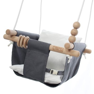 Monkey & Mouse Baby Swing, Grey White Indoor Outdoor Portable Hanging Chair - Infant & Toddler Kids 6 Months - 4 Years, Cotton Canvas & Beech Wood Frame, Sensory Hammock Boy & Girl Seat w/Wooden Toys