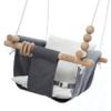Monkey & Mouse Baby Swing, Grey White Indoor Outdoor Portable Hanging Chair - Infant & Toddler Kids 6 Months - 4 Years, Cotton Canvas & Beech Wood Frame, Sensory Hammock Boy & Girl Seat w/Wooden Toys view 1