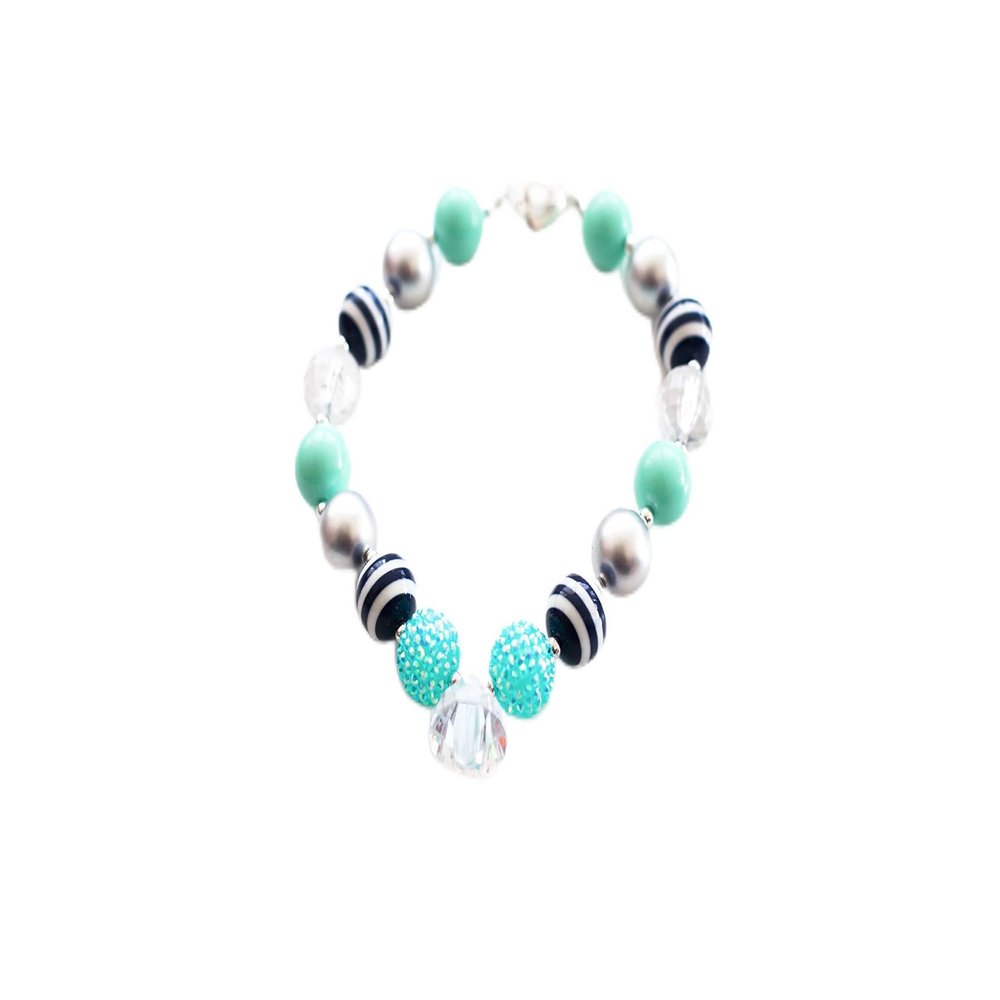 Chunky Necklace Bubble Gum Necklace (mint navy stripes clear gem)