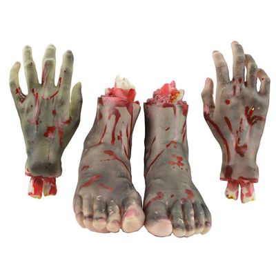 4pcs Halloween Bloody Decoration Haunted House Scary Fake Bloody Broken Severed Hands and Foot Body Prank Party Props