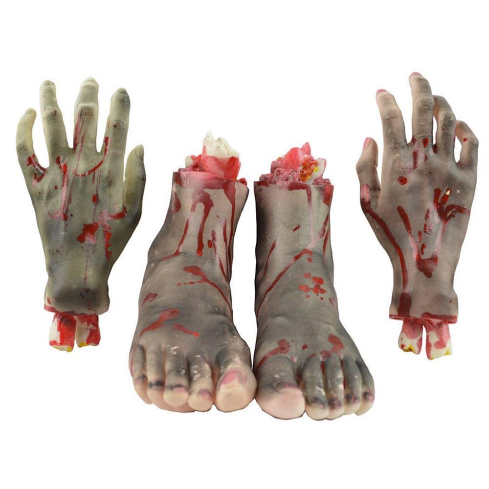 4pcs Halloween Bloody Decoration Haunted House Scary Fake Bloody Broken Severed Hands and Foot Body Prank Party Props