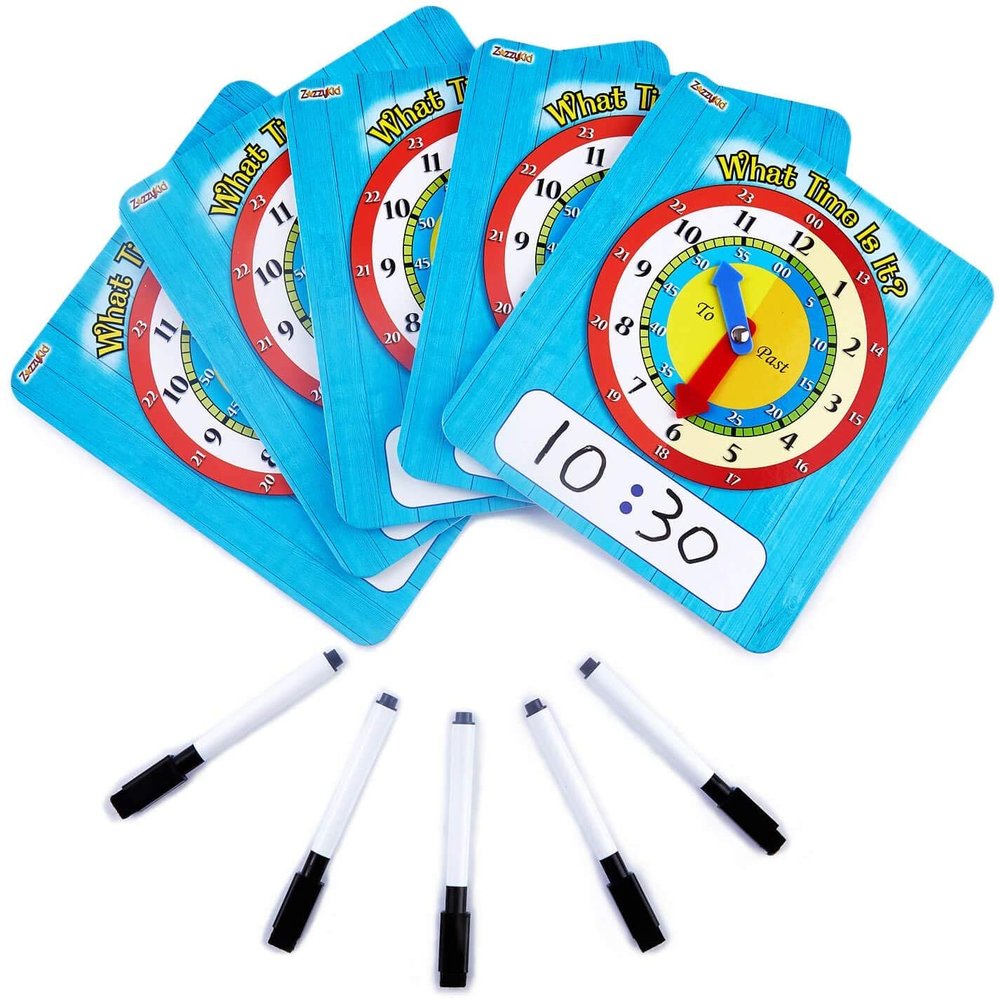 ZazzyKid Time Learning Analog Clock for Kids - Pack of 5 (7 x 8 Inches) with 5 Erasable Markers: Teach Children to Tell The Time