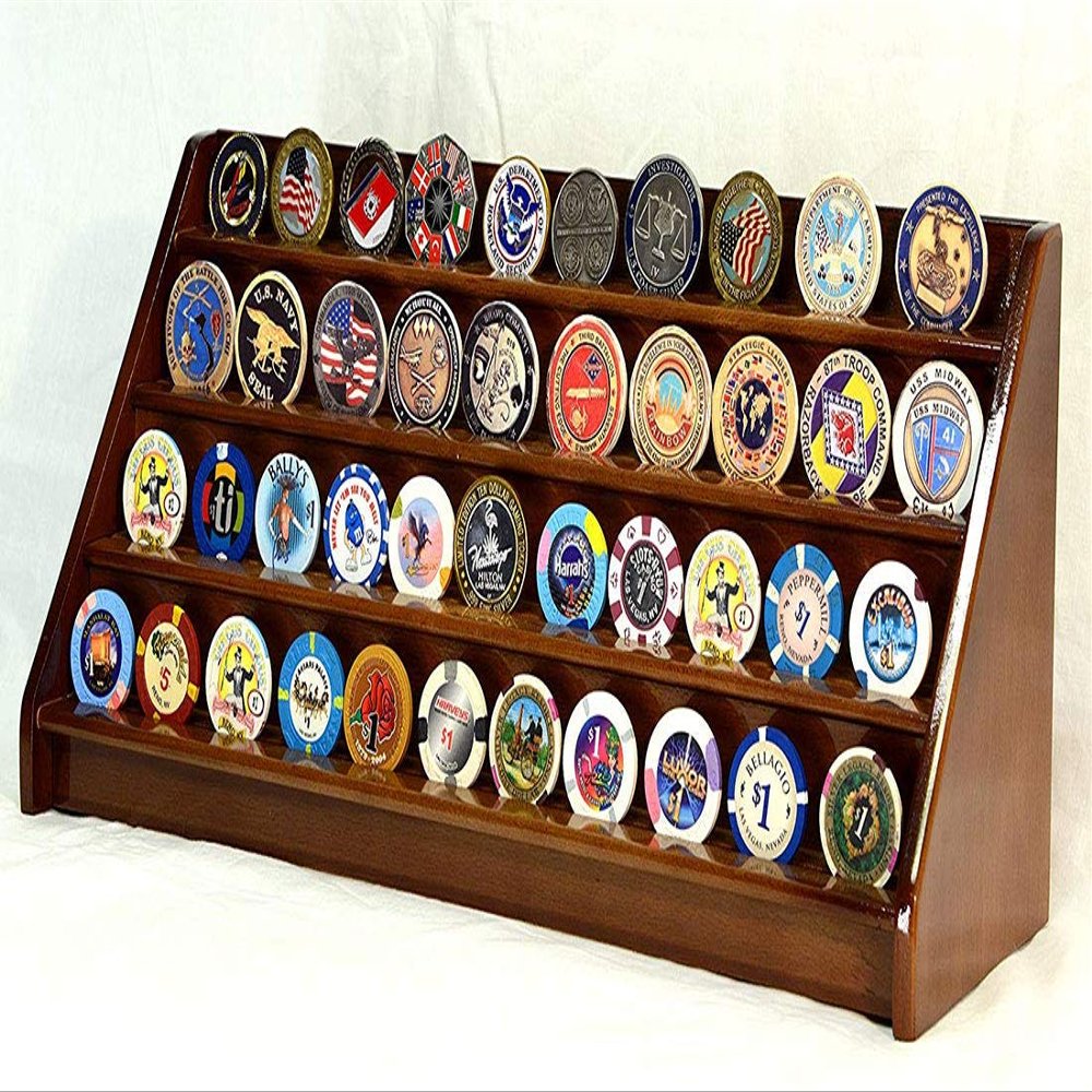 flag connections 4 Rows 40 Challenge Coin Casino Chip Display Case Rack Holder Stand for Table Shelf Desk Walnut