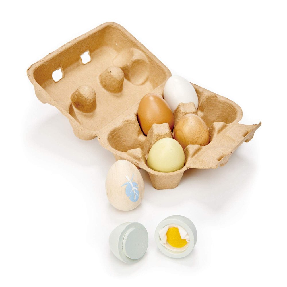 Tender Leaf Toys - Wooden Eggs - 6 Pieces Pretend Food Play Solid-Wood Eggs with Carton Box, Realistic Easter Egg Toy - Shopping Game Accessories for Children - Age 3+