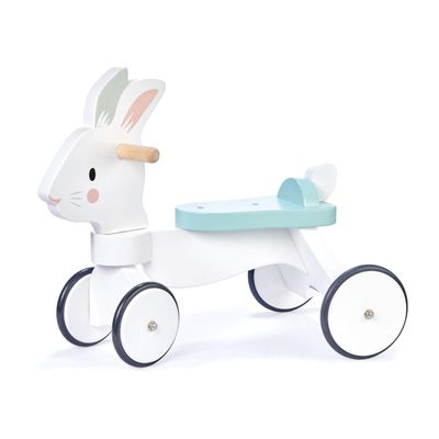 Tender Leaf Toys - Running Rabbit Ride On - Wooden Four Wheeled Push Balance Rabbit Themed Bike with Rubber Ring and Handle - Early Walk Development and Muscle Strength Enhancement for Children 18M+