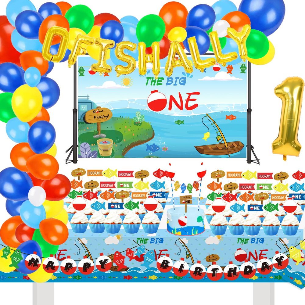 155 Pcs O Fish Ally 1 Birthday Party Decorations, Gone Fishing Balloon Garland Kit, The Big One Backdrop, Ofishally One Cake Cupcake Topper, Little Fisherman/Fishing Theme 1st Birthday Party Supplies