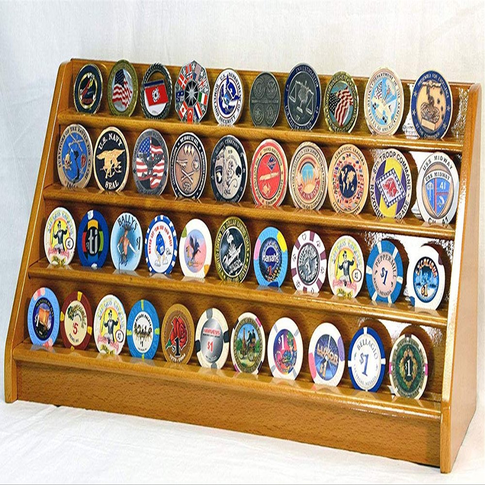 flag connections 4 Rows 40 Challenge Coin Casino Chip Display Case Rack Holder Stand for Table Shelf Desk Oak