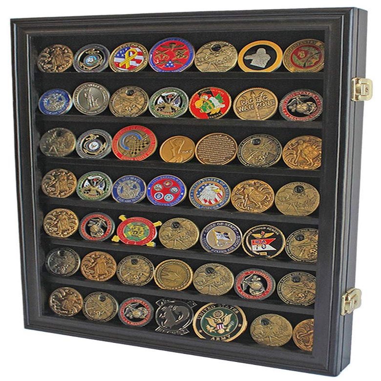 flag connections Lockable Military Challenge Coin Casino Chip Display Case Cabinet Rack, Real Glass Door, COIN26-BLA