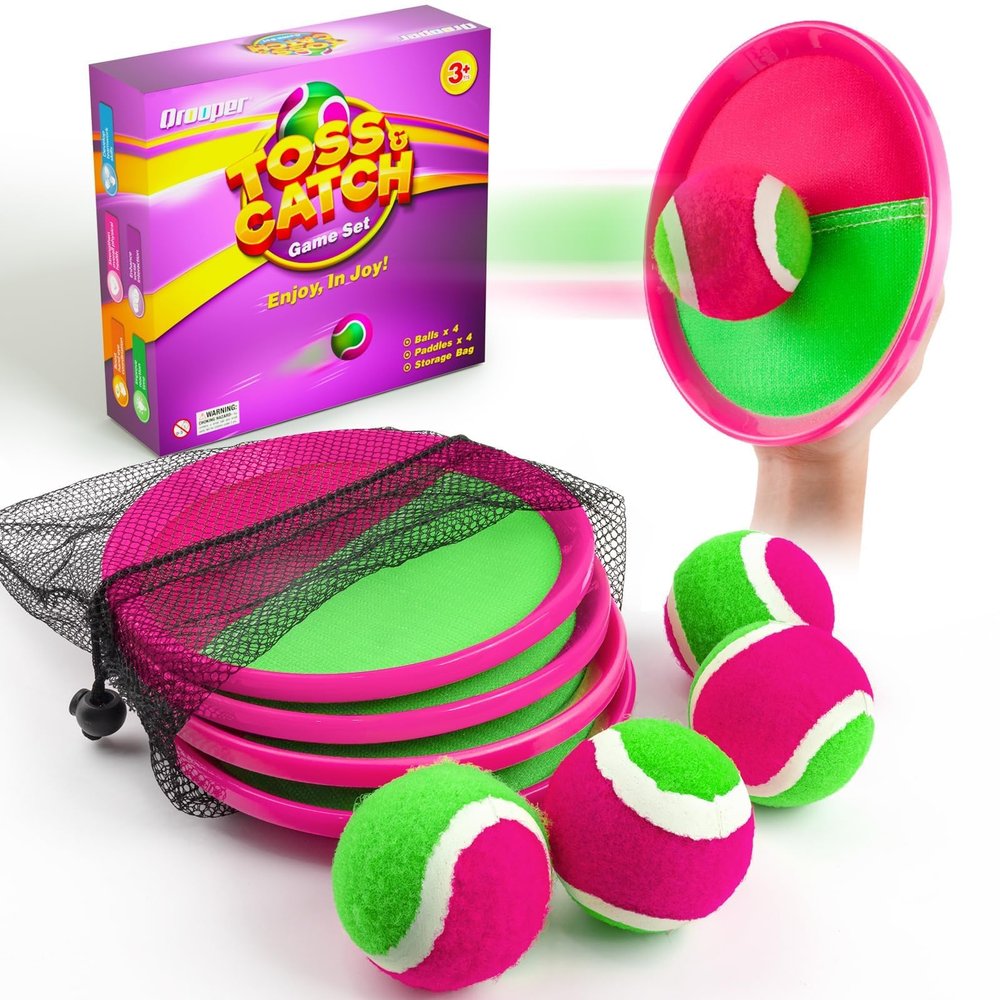 Qrooper Kids Outdoor Toys - Toss and Catch Game Set, Outside Yard Camping Beach Pool Toys Games for Boys Girls 3 4 5 6 7 8 9 10 Year Old, 4 Paddles 4 Balls (Pink+Pink)
