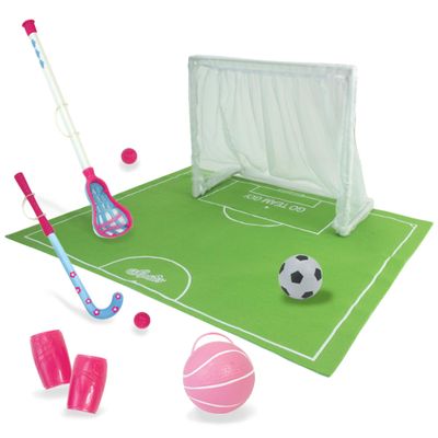 Sophia's Complete Lacrosse, Field Hockey, Soccer, & Basketball Sports Equipment Playset with Turf Mat & Goal for 18 Dolls, Pink/Green