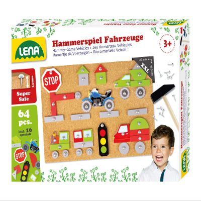Lena 65826 Vehicles, 64 Coloured Parts in Different Shapes, Cork Base Plate, Approx. 28 x 19.5 x 1.4 cm, Nails, Hammer Game for Children from 3 Years