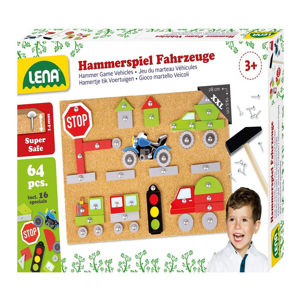 Lena 65826 Vehicles, 64 Coloured Parts in Different Shapes, Cork Base Plate, Approx. 28 x 19.5 x 1.4 cm, Nails, Hammer Game for Children from 3 Years
