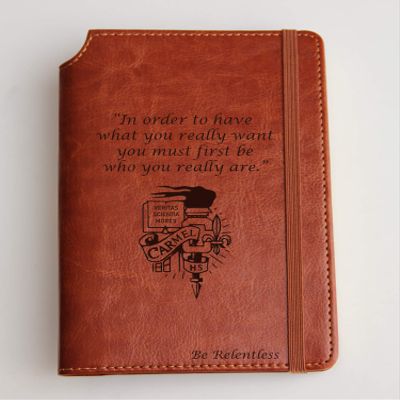 Custom High School Badge journal Custom text or custom quote leather bound, strip with the same color to keep it closed, jotter, scribbling pad, unlikely hero