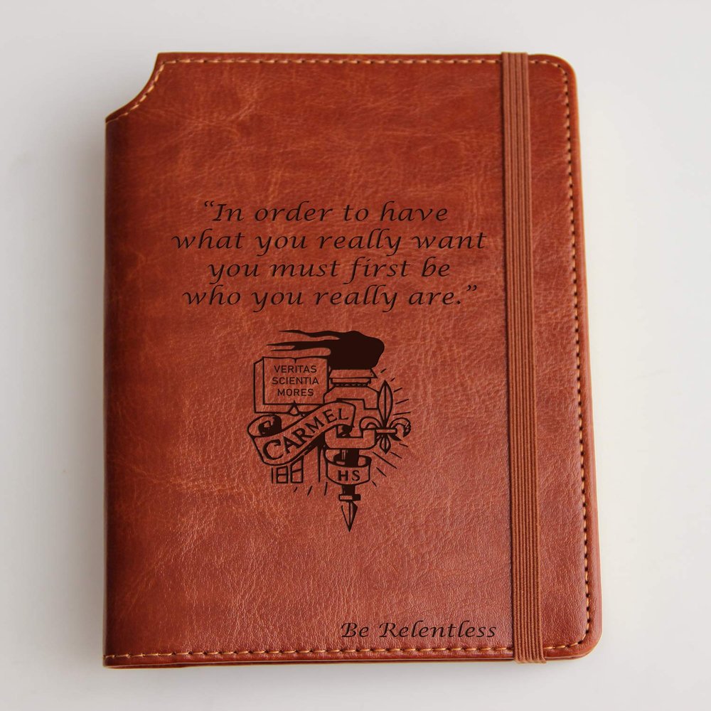 Custom High School Badge journal Custom text or custom quote leather bound, strip with the same color to keep it closed, jotter, scribbling pad, unlikely hero