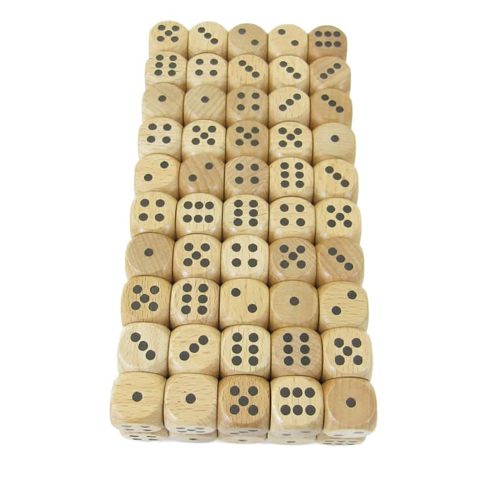 Wood Dice with Black Pips D6 16mm (5/8in) Pack of 100 Dice Kaplow Games