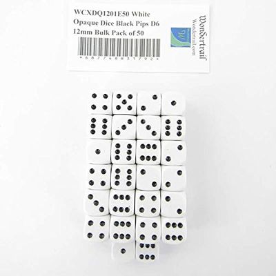 White Opaque Dice with Black Pips D6 12mm (1/2in) Bulk Pack of 50 Wondertrail