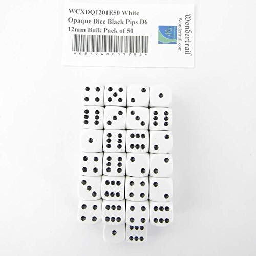 White Opaque Dice with Black Pips D6 12mm (1/2in) Bulk Pack of 50 Wondertrail