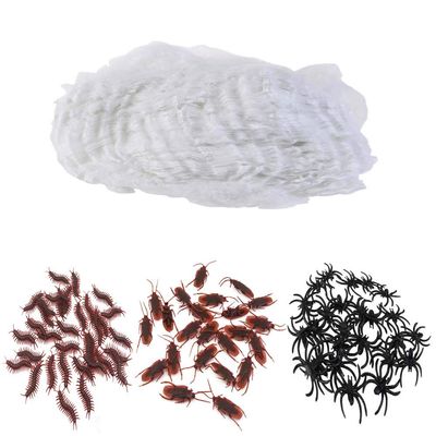 Hosfairy Halloween 100g White Spider Web with 30 Black Spiders with 30 Fake Cockroaches and 30 Fake Centipede for Prank Party Decoration Tricky Prop