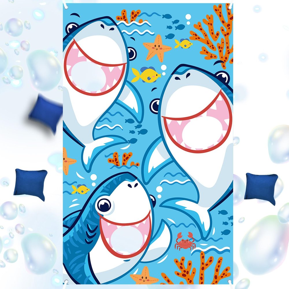 Blulu Shark Bean Bag Toss Game for Kids with 3 Bean Bags Shark Birthday Party Decorations Baby Beach Toys Ocean Summer Pool Party Favors for Outdoor Family Backdrop Background Photo Prop