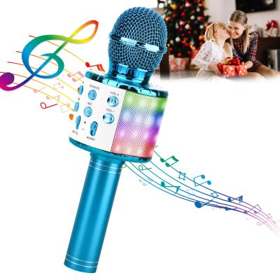 ShinePick Karaoke Microphone, 4 in 1 Wireless Microphone with LED Lights Handheld Portable Karaoke Machine, Home KTV Player, Compatible with Android & iOS Devices(Blue)