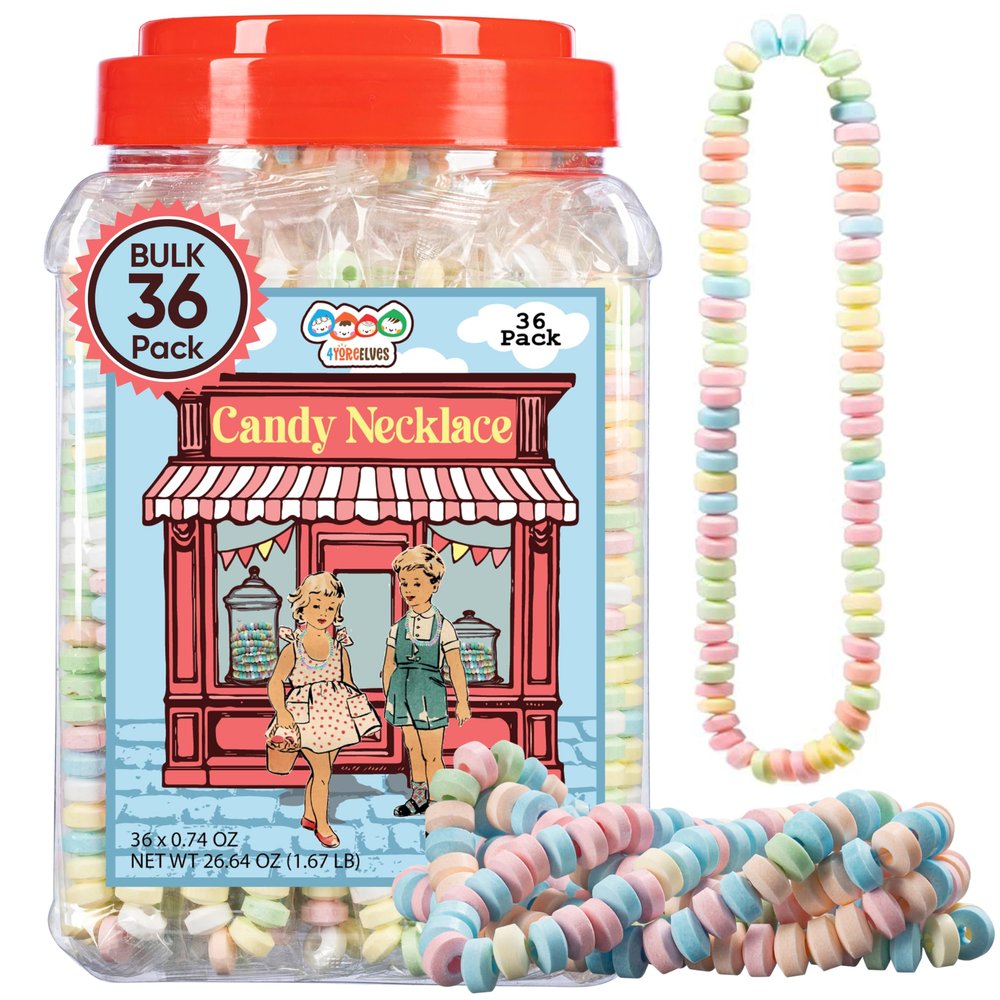 36 Candy Necklaces Individually Wrapped, Choker Style Nostalgic Pastel Candy Jewelry Perfect for Party Favors, Pinata Fillers and Goodie Bags, Packed in a Convenient Display Tub, By 4YoreElves