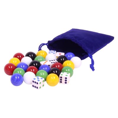 AmishToyBox.com 24 X-Large Glass Marbles (22mm Diameter) and 6 Dice in Cloth Drawstring Pouch