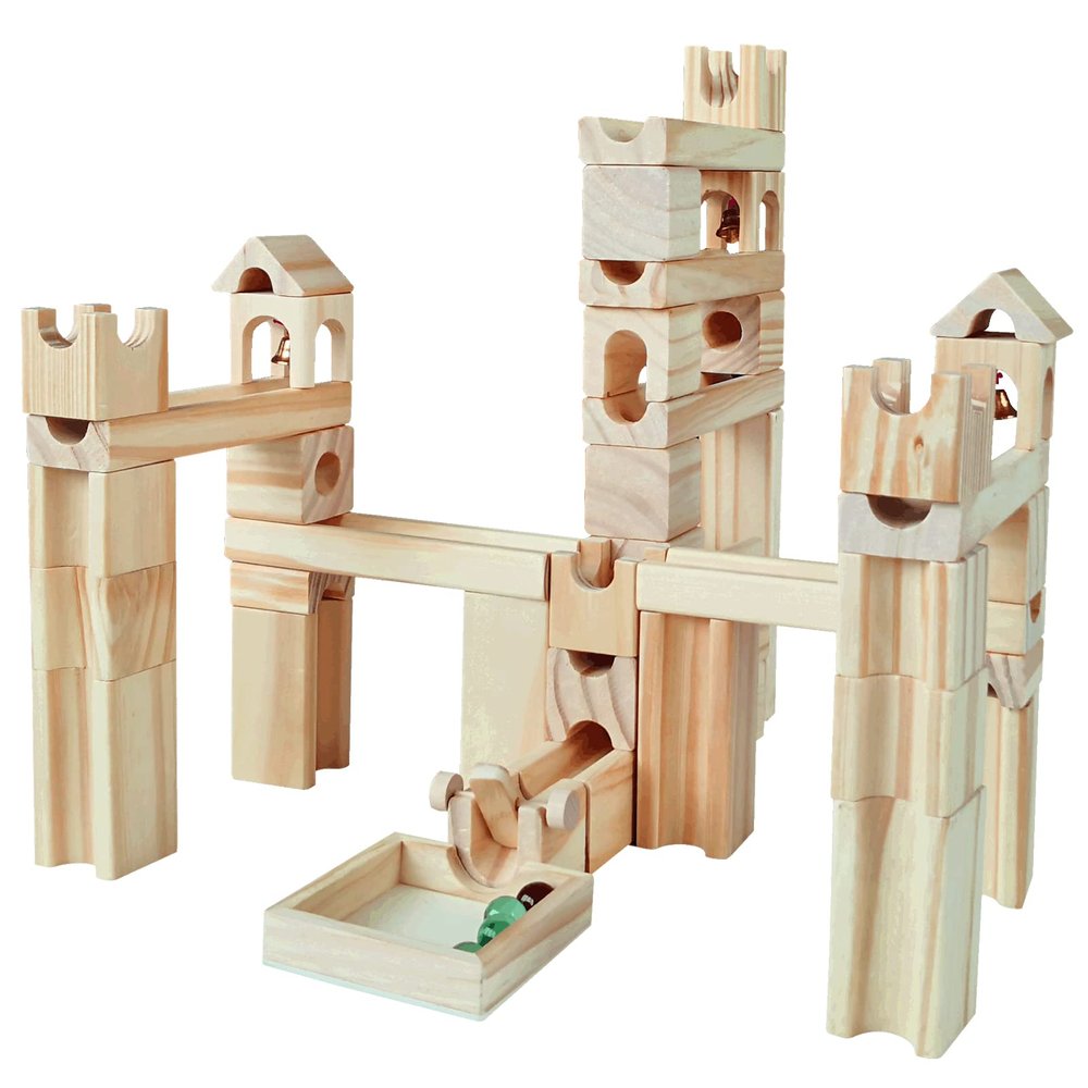 Wooden Marble Run for Kids Ages 4-8, 65 Pieces Wood Building Blocks Toys and Construction Play Set, Marble Track Maze Game STEM Learning Toys for Boys Girls (Natural Color Blocks)