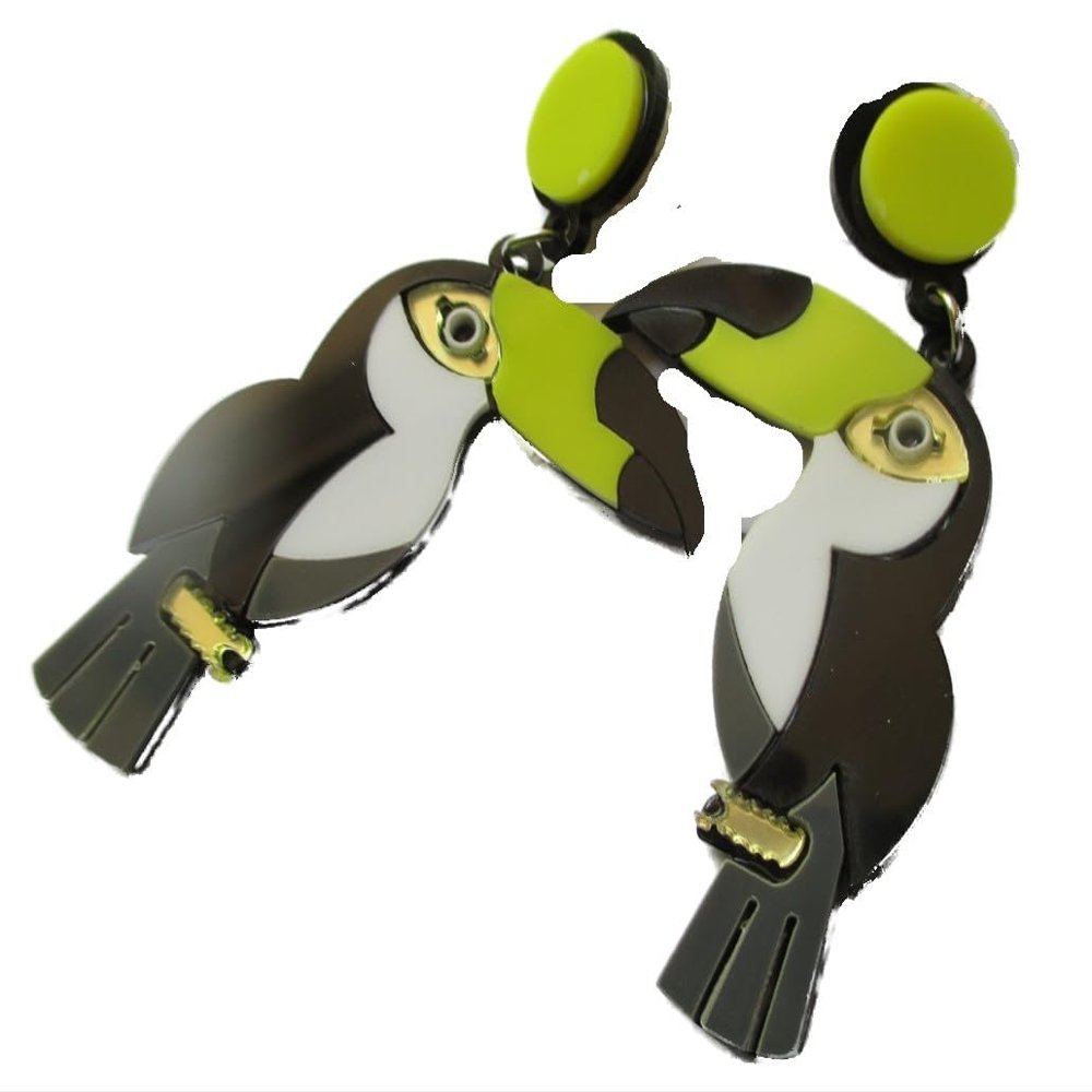 Toucan earring black beak green plastic large model 7cm style old school pin up woman