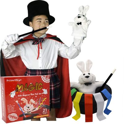 BrilliantMagic Kids Magician Role Play Set Contains Magic Top Hat Magic Wand Rabbit Puppet Color Ribbons Gloves(Model:BMM006) (L)