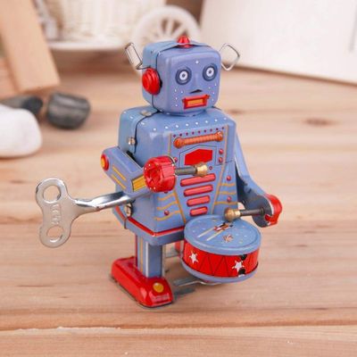 Anixl Vintage Drumming Robot Metal Tin Clockwork Wind Classic Toys for Boy Kids
