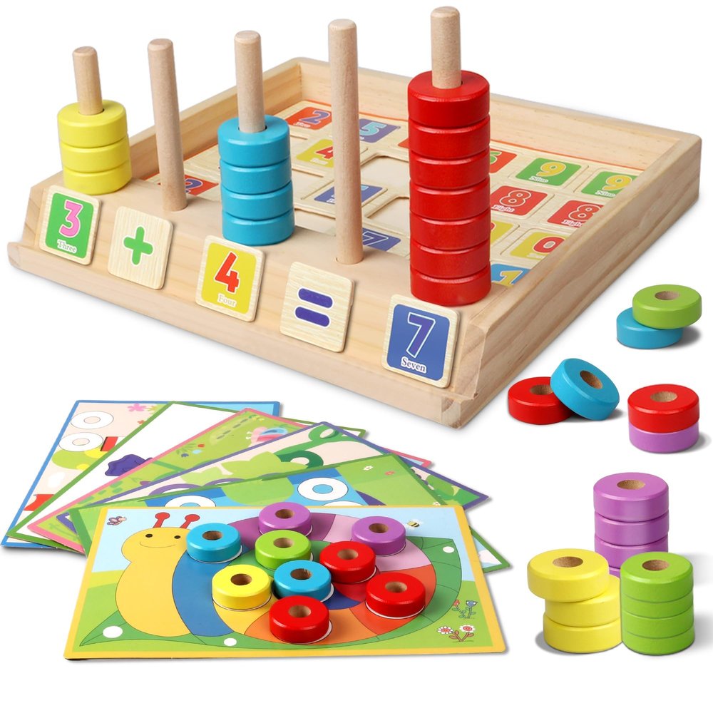 Lydaz Toddler Montessori Math Toys, Wooden Math Manipulatives with Counting Number Blocks, Preschool Kindergarten Learning Activities, Educational Math Toy for Kids 2-5, Christmas Stacking Puzzle Toy
