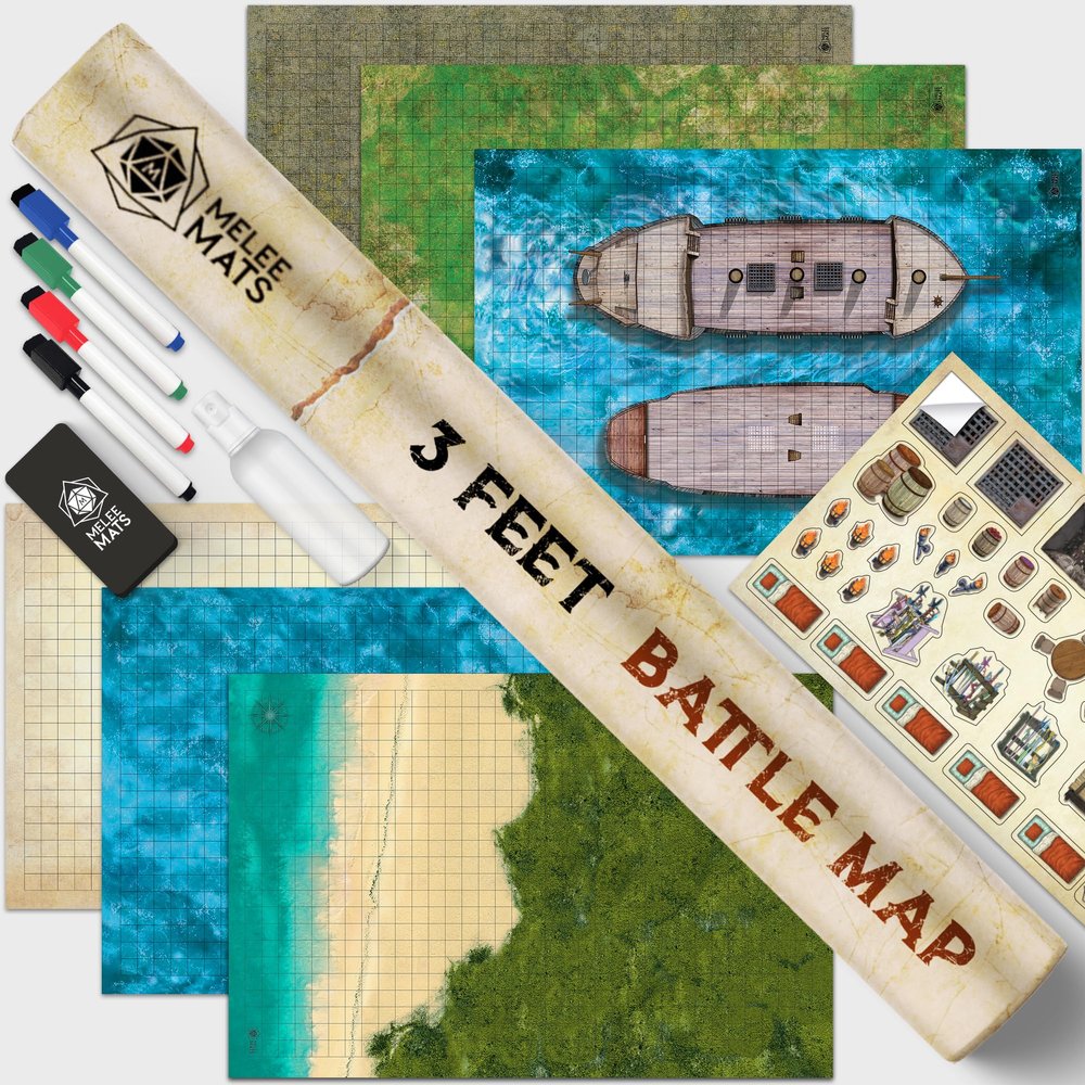 Melee Mats DND Map Starter Set for Dungeons and Dragons - 24 x 36" 3 Pack Double Sided, Wet & Dry Erase Battle Terrain Grid - Tabletop Board Gaming Kit with Accessories