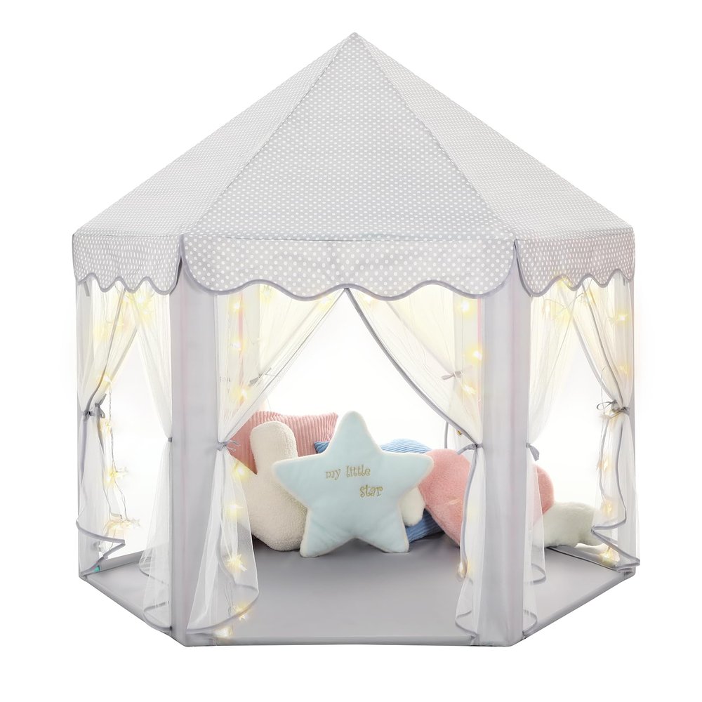 Princess Castle Tent for Girls Fairy Play Tents for Kids Blue Hexagon Playhouse with Fairy Star Lights Toys for Children or Toddlers Indoor or Outdoor Games (Grey Princess Tent)