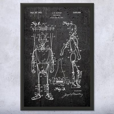 Framed Marionette Puppet Print, Toy Collector Gift, Puppeteer Gift, String Puppets Art, Puppet Art Print, Vintage Puppet Dark Concrete (11x14)