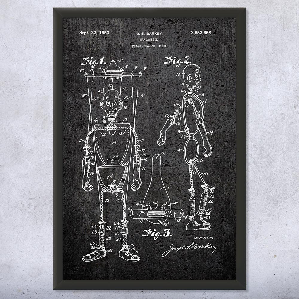 Framed Marionette Puppet Print, Toy Collector Gift, Puppeteer Gift, String Puppets Art, Puppet Art Print, Vintage Puppet Dark Concrete (11x14)