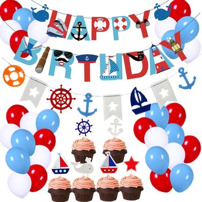 Coolbee 77Pcs Nautical Party Supplies: Nautical Happy Birthday Banner, Bunting, 30pcs Latex Balloons (Red, Blue, White), 24pcs Cupcake Toppers - Pirate Theme for Boys' Birthday Parties