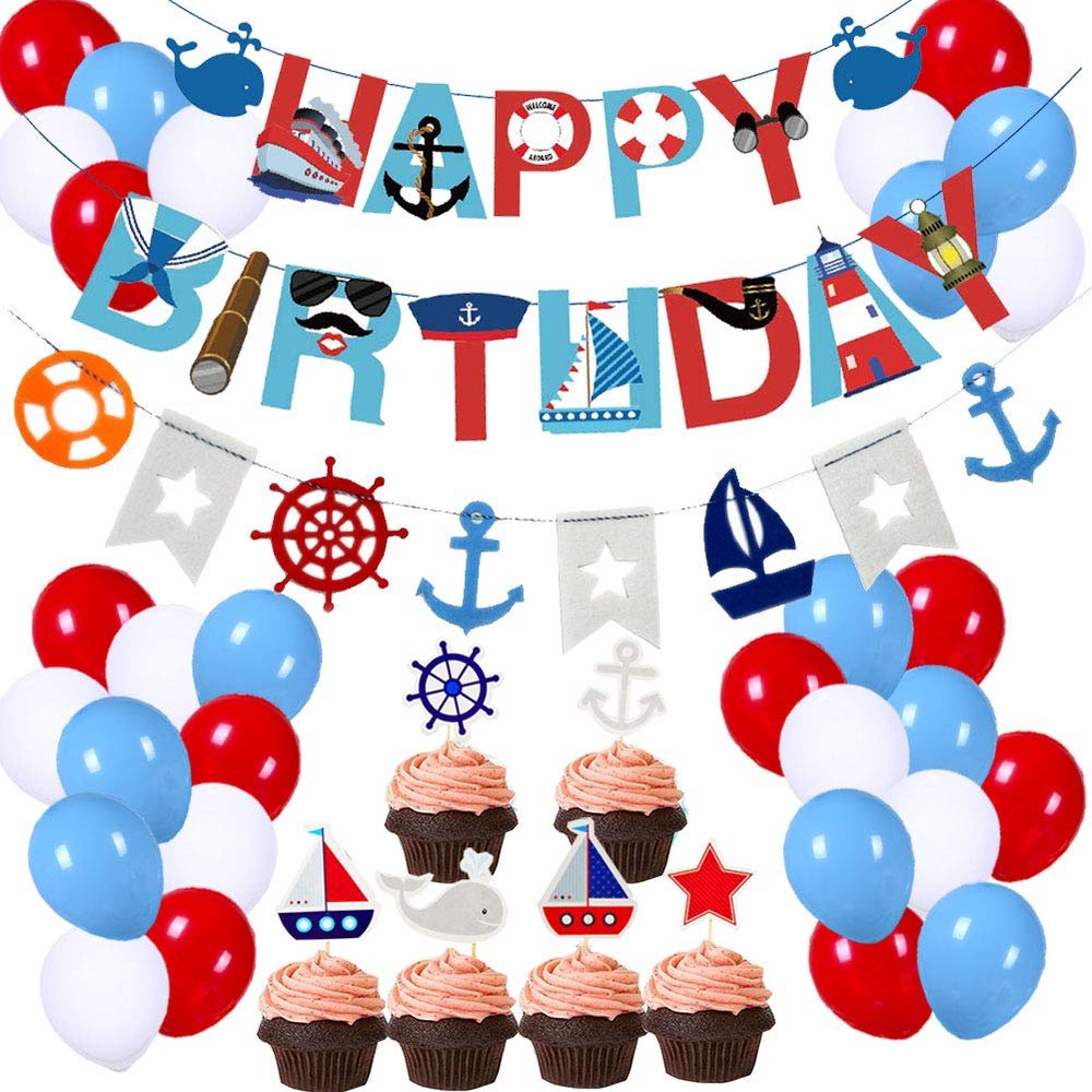 Coolbee 77Pcs Nautical Party Supplies: Nautical Happy Birthday Banner, Bunting, 30pcs Latex Balloons (Red, Blue, White), 24pcs Cupcake Toppers - Pirate Theme for Boys' Birthday Parties