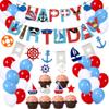 Coolbee 77Pcs Nautical Party Supplies: Nautical Happy Birthday Banner, Bunting, 30pcs Latex Balloons (Red, Blue, White), 24pcs Cupcake Toppers - Pirate Theme for Boys' Birthday Parties view 1