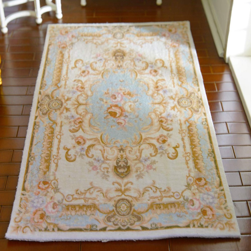 Classic French Aubusson Design Swirls Floral Roses 1/12 Dollhouse Rug (5.1 X 7.7)