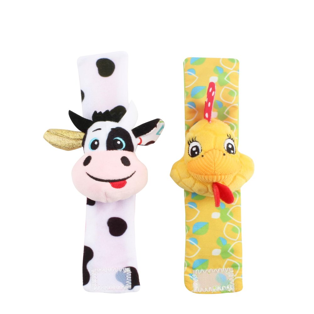 Balibazoo Farm Friends Wrist Rattle Set  Soft Plush Sensory Wristbands for Babies 0-12M | Cow & Chicken Baby Rattles | Velcro Strap Attachment | Developmental Toy for Newborns & Infants