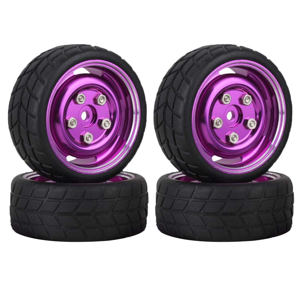 1:10 RC On-Road Racing Car Rubber Tires & 12mm Hex Alloy Aluminum Wheels Rims for 1/10 Scale On Road Cars HSP HPI (Purple)
