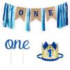 1st Birthday Boy Decorations with Burlap Highchair Banner, Cake Topper, Blue Hat Crown for Happy First Birthday Party Decoration Supplies view 1