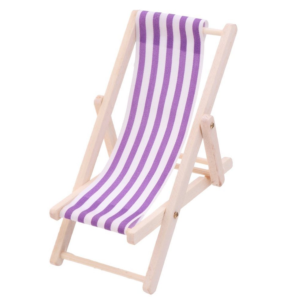 1:12 Scale Wooden Lounge Chair Miniature Dollhouse Foldable Wooden Beach Chair Chaise Longue Toys Dolls House Furniture Accessories - Purple Stripe