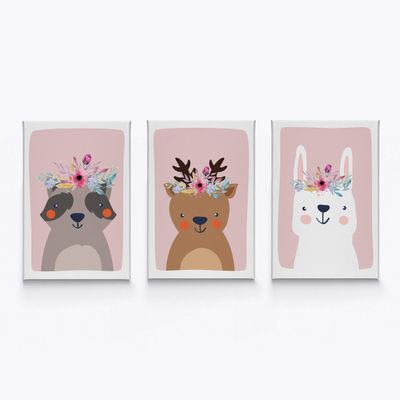 HB Art Design Raccoon Deer Rabbit Flowers Wall Art Nursery Decor 3 PANEL CANVAS PRINT SET Baby Girl and Baby Boy Room Kids Room Nursery Room Decor Ready to Hang-%100 Handmade in the USA-(40x30) x3