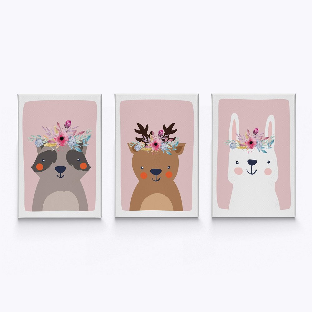HB Art Design Raccoon Deer Rabbit Flowers Wall Art Nursery Decor 3 PANEL CANVAS PRINT SET Baby Girl and Baby Boy Room Kids Room Nursery Room Decor Ready to Hang-%100 Handmade in the USA-(40x30) x3