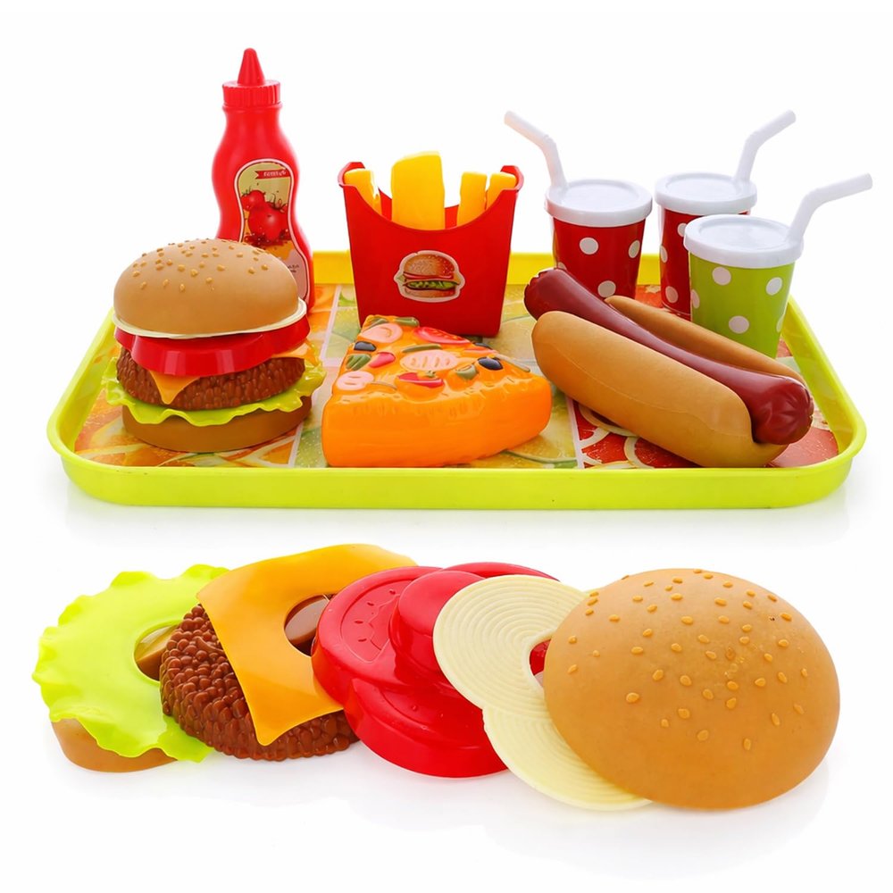 GIFTEXPRESS Happy Kids Meal Hamburger and Hot Dog Play Set, Pizza Food Cooking Toy, with Toy Chess Burger, Fries, Hot Dog, Pizza, Coke, Ketchup, and Tray