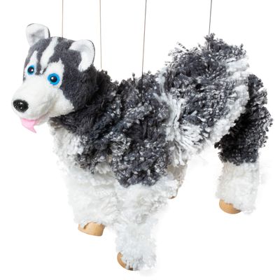Artisan Owl Siberian Husky Marionette Puppet - Yarn Dog with Wooden Feet, Detachable Strings (Black)